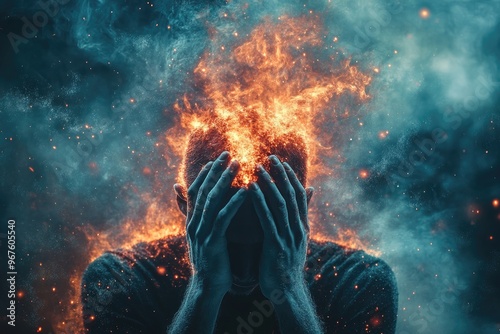 Man suffering from severe headache with burning head experiencing depression