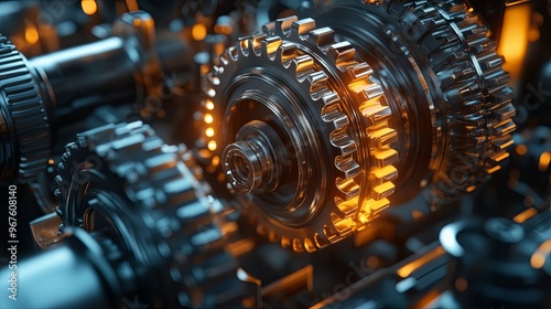 Close-up of Shiny Interlocking Metal Gears with Glowing Orange Details