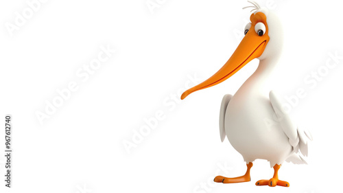 3D Bird of Pelican Character Isolated Png in White and Orange Color.