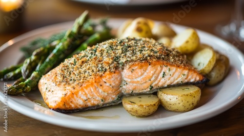 A delicious plate of baked salmon with a crispy herb crust, served with roasted potatoes and a side of asparagus.