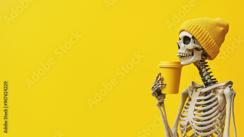 Skeleton in yellow beanie seen from the side