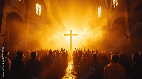 faithful christian worshipers lifting hands in praise in front of the holy cross during a church worship service