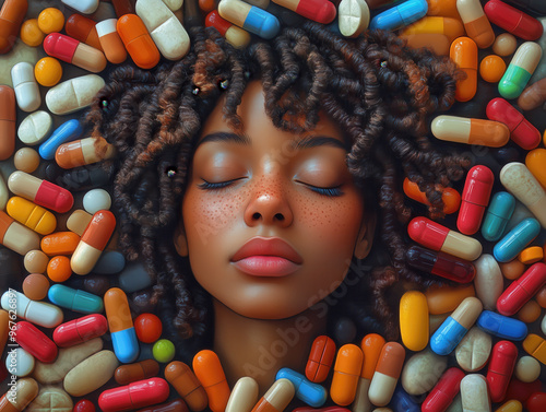 the head of an afroamerican woman lying down in a sea of medical pills and capules, eyes closed, illustrating substance abuse, addiction, polypharmacy, multiple medications, drug interactions