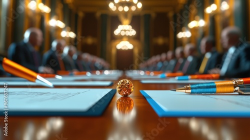 A meeting of world leaders signing a disarmament treaty with symbols of peace in the background