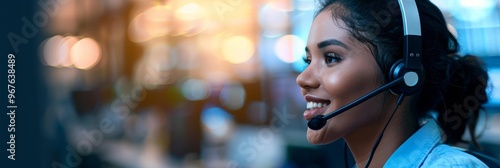 Smiling woman wearing headset, customer service agent, professional support