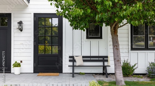 Modern farmhouse front porch with black door, bench, and tree.