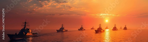 Naval fleet on the horizon at sunset, aircraft carrier and destroyers aligned in formidable formation