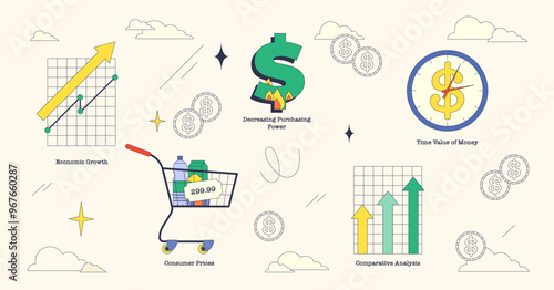 Inflation rates and state money value control neubrutalism collection. Labeled elements with economic growth, decreasing purchasing power as money burning and comparative analysis vector illustration