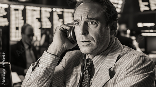 The depiction of a stockbroker making a phone call resonates with day trading themes.