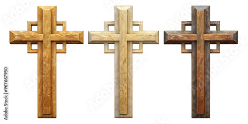 Three wooden crosses in different styles, cut out transparent