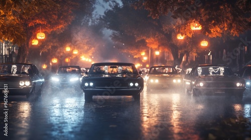 Spooky Halloween car convoy classic cars decorated with skeletons and cobwebs