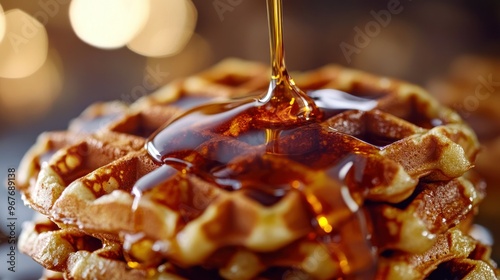 A close-up of waffles drizzled with syrup, showcasing a delicious breakfast treat.