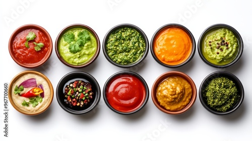 An assortment of colorful sauces and dips in small bowls arranged in a grid pattern on a white background.