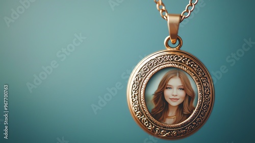 A beautiful gold locket pendant featuring a portrait inside, illuminated against a soft teal background.