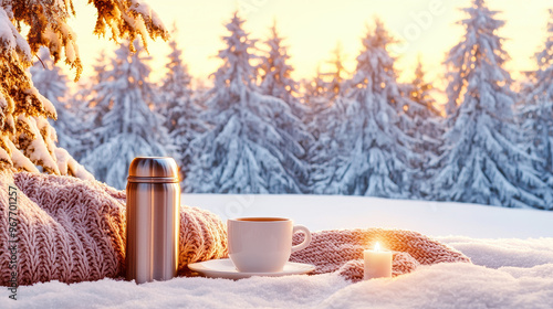 Cozy winter scene with a warm beverage, a thermos, and a candle on a knitted blanket amidst snow-covered trees