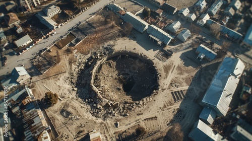 An aerial view of a massive, circular crater in a partially urbanized area, surrounded by buildings and streets, indicating past devastation or geological activity.