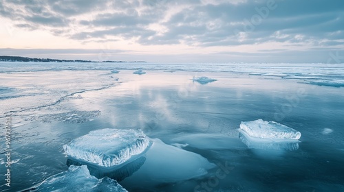 A vast frozen sea during the winter season, covered in ice and snow, creating a serene yet desolate arctic landscape.