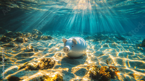 piggy bank sinks into the deep ocean, symbolizing financial loss or challenges submerged beneath the surface