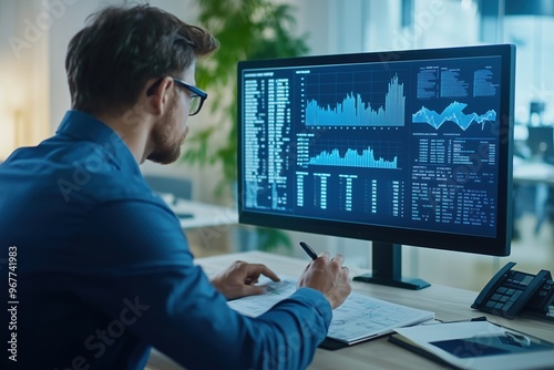 financial analyst with computer and stock trading on the screen