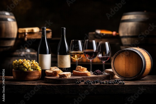 rustic wine tasting setup with bread and grapes in a cozy cellar