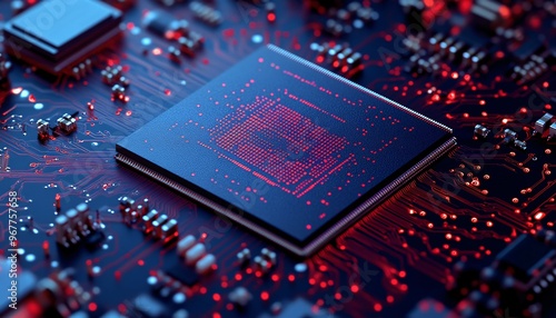 Dark blue microchip with vibrant red circuitry illustrating advanced processor architecture and intricate design elements.