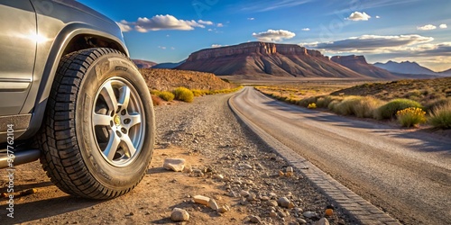 A stranded vehicle sits on the side of a desolate highway, its wheel rim exposed and flat tire