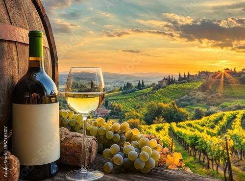 A serene vineyard scene with a bottle of white wine, a glass, and grapes placed on a barrel, basking in golden sunlight.