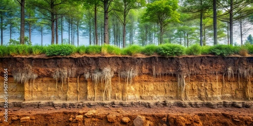 A vertical cross-section of a fertile forest soil profile, exhibiting distinct layers of humus, clay, silt, and sand,