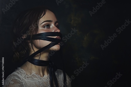 Portrait of woman with ribbon-covered face in dark atmosphere