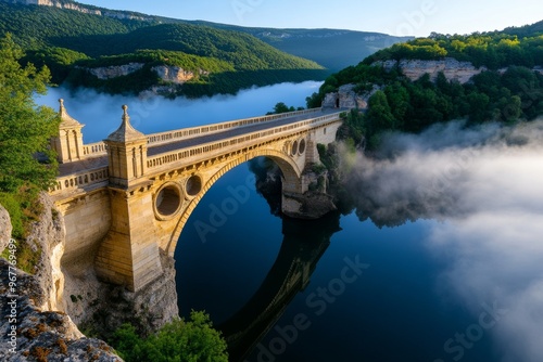 The Pont Saint-BÃ©nÃ©zet at dawn, with mist rising from the river and the ancient stone bridge emerging through the fog