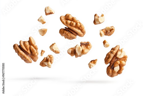 Walnuts falling and rotating on white background