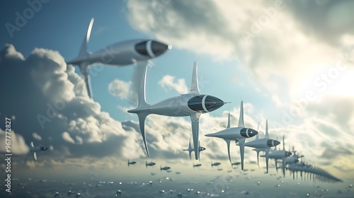 Futuristic Wind Turbines Harnessing Energy from Jet Streams in Elegant Formation