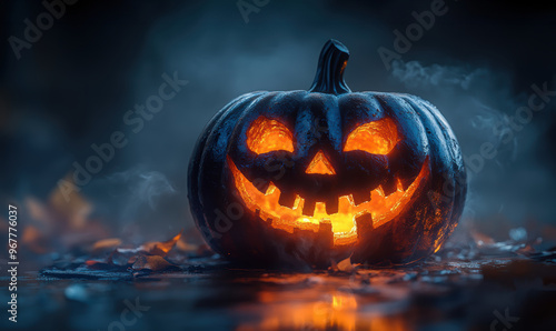 A pumpkin with a smiley face on it is lit up with a light. The pumpkin is on a table or ground, and there is smoke in the background