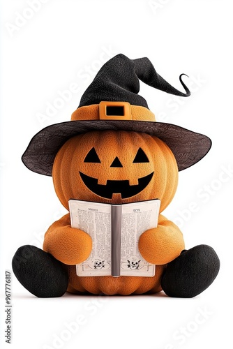 Chubby cute scarecrow reading a farmer s almanac with spooky predictions, holding heartshaped icecream, Halloween love theme, 3D illustration