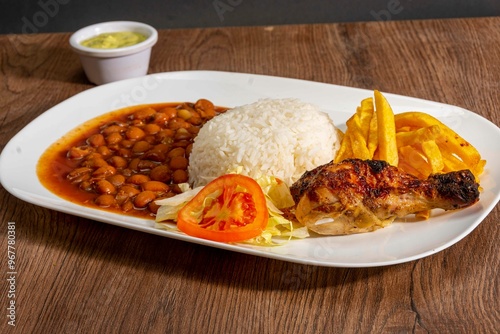 Deliciously charred and smoky Pollo a la Brasa (grilled chicken) served whole and in pieces, accompanied by crispy fries, fresh salad, and a flavorful dipping sauce. A classic Latin American dish, coo