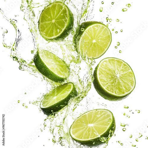 Lime splash fresh green citrus fruit sliced water droplets transparent background