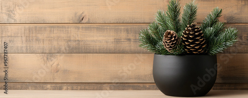 A modern planter with pine branches and pinecones against a rustic wooden background, perfect for a cozy atmosphere.