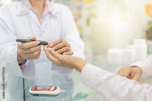 Pharmacist performing blood glucose test on patient in pharmacy. Close-up of hands with glucometer. Healthcare professional providing diabetes screening service. Keep blood exam to diabetic screening.