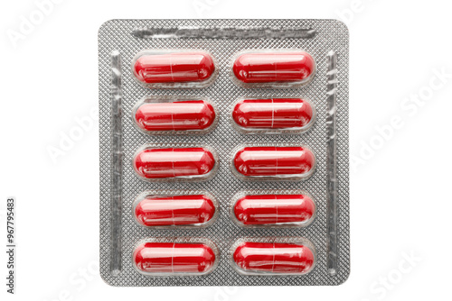 Red medicine capsules and remedy pills in blister pack, pharmaceutical cure, antibiotics or painkillers isolated on transparent background