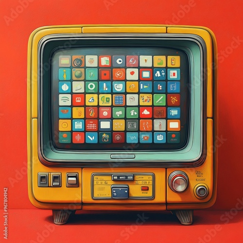 A vintage-style television set with colorful app icons displayed on the screen, set against a vibrant red backdrop.