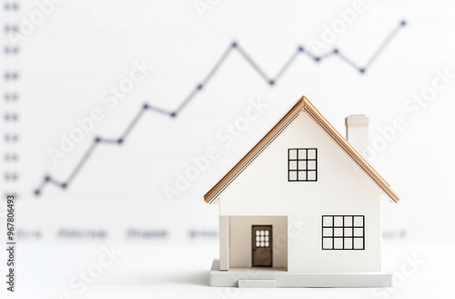 Model House in Front of Neutral Background with Basic Rising Graph on Screen