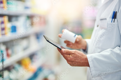 Pharmacy, pills and tablet with hands of person for medicine, advice and healthcare. Medical, insurance and antibiotic prescription with pharmacist for digital inventory, drugstore and dispensary