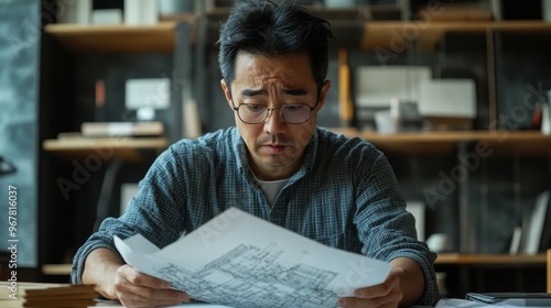 Focused Asian engineer reviewing blueprints, their brow furrowed in concentration on a minimalist, slate-gray backdrop