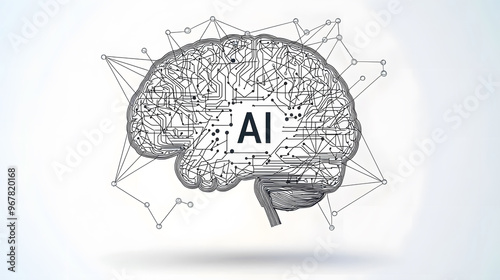 A human brain outline with the word "AI" written in the center, connected by lines and circuits, symbolizing the neural networks and algorithms of AI. Copy space. white background 