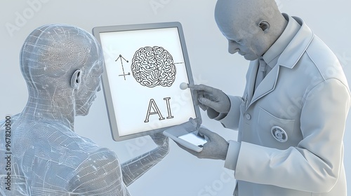 A 3D character, dressed as a doctor, using a tablet with a brain line drawing and the word "AI" to diagnose a patient, symbolizing the use of AI in healthcare. white background 