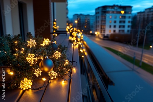 Christmas lights twinkling on a balcony, creating a festive glow that can be seen from the street below