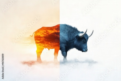 Surreal image of a bull in a dual landscape, transitioning from a fiery sunset to a frosty, misty environment, blending nature and imagination.