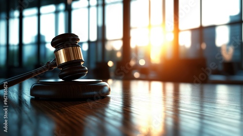 A close-up of a gavel resting on a wooden table, illuminated by warm sunlight streaming through large windows.