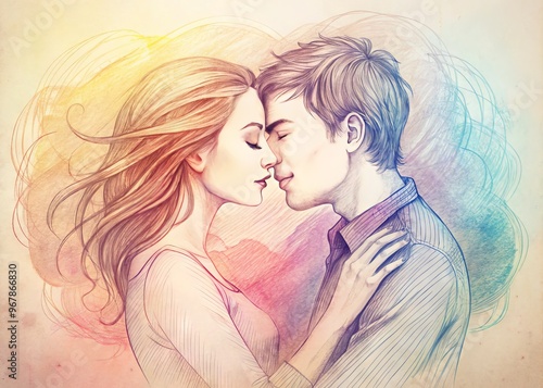 two silhouettes embracing, lips touching, surrounded by gentle pencil marks, soft colors, and delicate sketch lines.