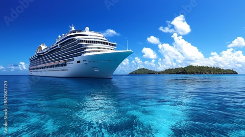 A luxury cruise ship sails past a tropical island in the blue ocean, offering a scenic voyage.